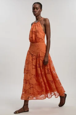 KarenMillen Robe Mi-longue Tissée À Encolure Halter En Dentelle Petite<Femme Robes Mi-Longues|Satin Et Dentelle