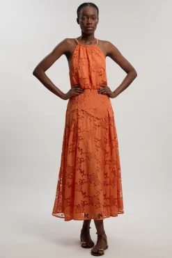 KarenMillen Robe Mi-longue Tissée À Encolure Halter En Dentelle Petite<Femme Robes Mi-Longues|Satin Et Dentelle