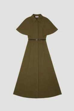 Robe Mi-Longue Tissée en Sergé à Manches Cape avec Ceinture Style Chemisier