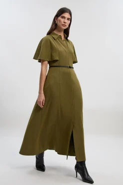 Robe Mi-Longue Tissée en Sergé à Manches Cape avec Ceinture Style Chemisier