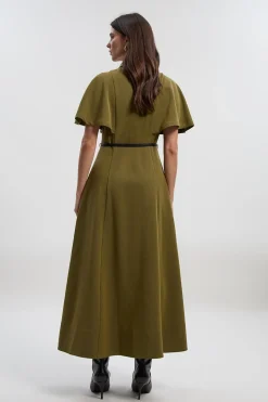 Robe Mi-Longue Tissée en Sergé à Manches Cape avec Ceinture Style Chemisier