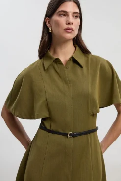 Robe Mi-Longue Tissée en Sergé à Manches Cape avec Ceinture Style Chemisier