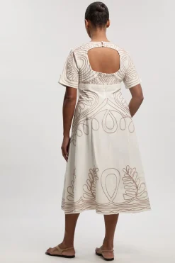 Robe Mi-Longue Tissée Grande Taille en Coton Lin avec Broderie Cornelli et Dos Ouvert