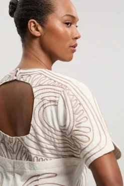 Robe Mi-Longue Tissée Grande Taille en Coton Lin avec Broderie Cornelli et Dos Ouvert