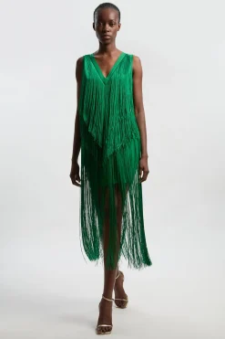 Robe Mi-Longue Tricotée à Col V avec Franges Bandage