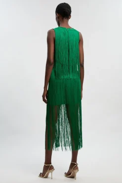 Robe Mi-Longue Tricotée à Col V avec Franges Bandage