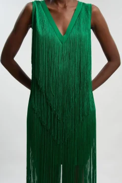 KarenMillen Robe Mi-Longue Tricotée à Col V Bandage avec Franges Petite Taille<Femme Toutes Les Robes|Robes Mi-Longues