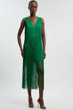 KarenMillen Robe Mi-Longue Tricotée à Col V Bandage avec Franges Petite Taille<Femme Toutes Les Robes|Robes Mi-Longues