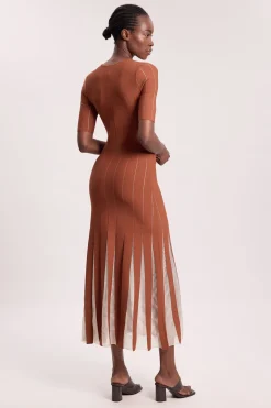 Robe Mi-Longue Tricotée à Manches Courtes et Jupe Évasée en Mélange de Viscose Petite Taille