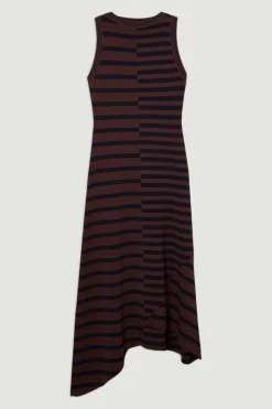 Robe Mi-longue Tricotée Sans Manches à Rayures et Ourlet Asymétrique