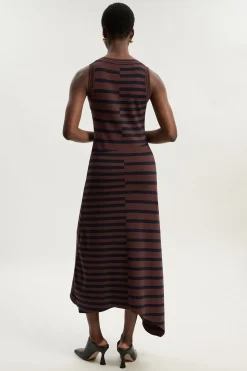 Robe Mi-longue Tricotée Sans Manches à Rayures et Ourlet Asymétrique
