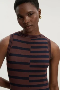 Robe Mi-longue Tricotée Sans Manches à Rayures et Ourlet Asymétrique
