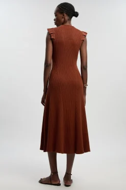 Robe Mi-Longue Tricot à Manches Volantées Pointelle