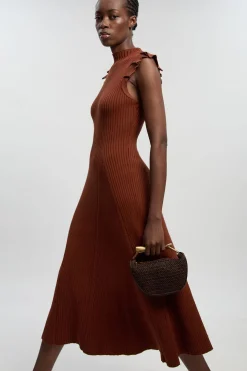 Robe Mi-Longue Tricot à Manches Volantées Pointelle