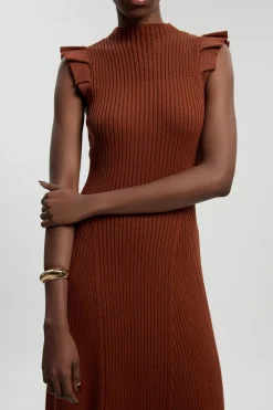 Robe Mi-Longue Tricot à Manches Volantées Pointelle