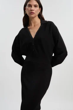 KarenMillen Robe Mi-Longue Tricot Mélange Viscose Slinky à Manches Chauve-Souris et Col Boutonné<Femme Pulls Et Gilets|Toutes Les Mailles