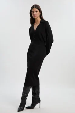 KarenMillen Robe Mi-Longue Tricot Mélange Viscose Slinky à Manches Chauve-Souris et Col Boutonné<Femme Pulls Et Gilets|Toutes Les Mailles