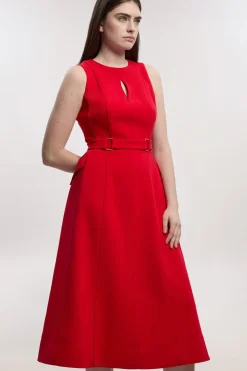 Robe Mi-Longue Évasée à Ceinture et Coutures Ajustées en Stretch Compact Petite Taille