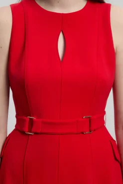 Robe Mi-Longue Évasée à Ceinture et Coutures Ajustées en Stretch Compact Petite Taille