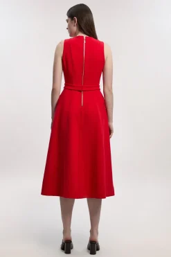 Robe Mi-Longue Évasée à Ceinture et Coutures Ajustées en Stretch Compact Petite Taille