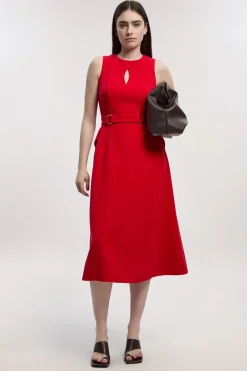Robe Mi-Longue Évasée à Ceinture et Coutures Ajustées en Stretch Compact Petite Taille