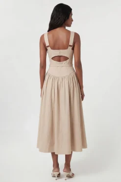Robe Mi-Longue Évasée En Lin Premium Avec Col Licou Et Ceinture Ajustée