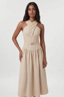Robe Mi-Longue Évasée En Lin Premium Avec Col Licou Et Ceinture Ajustée