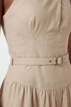 Robe Mi-Longue Évasée En Lin Premium Avec Col Licou Et Ceinture Ajustée