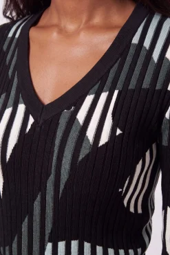 Robe Mi-Longue Évasée en Maille Jacquard Zèbre