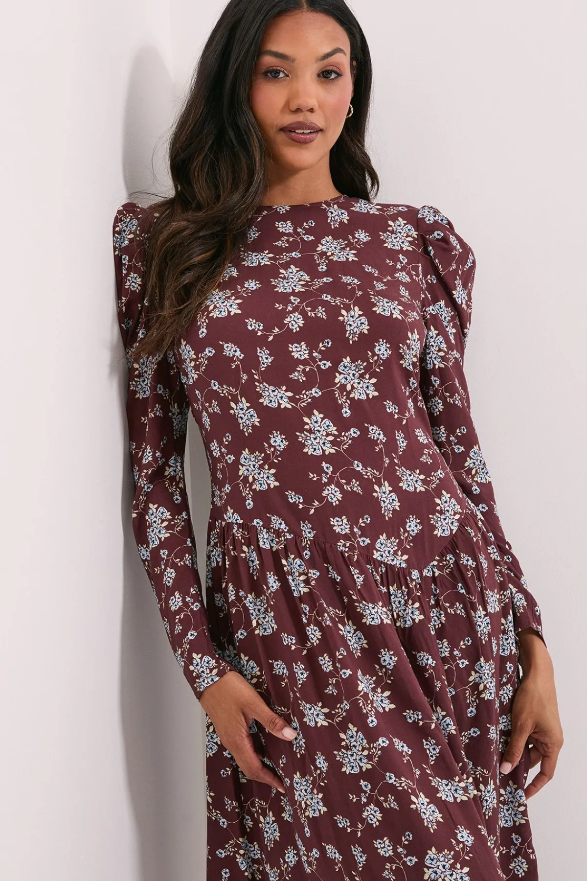 Dorothy Perkins Robe Mi-longue Évasée à Taille Basse Motif Floral<Femme Looks Chocolat|Robes Mi-Longues