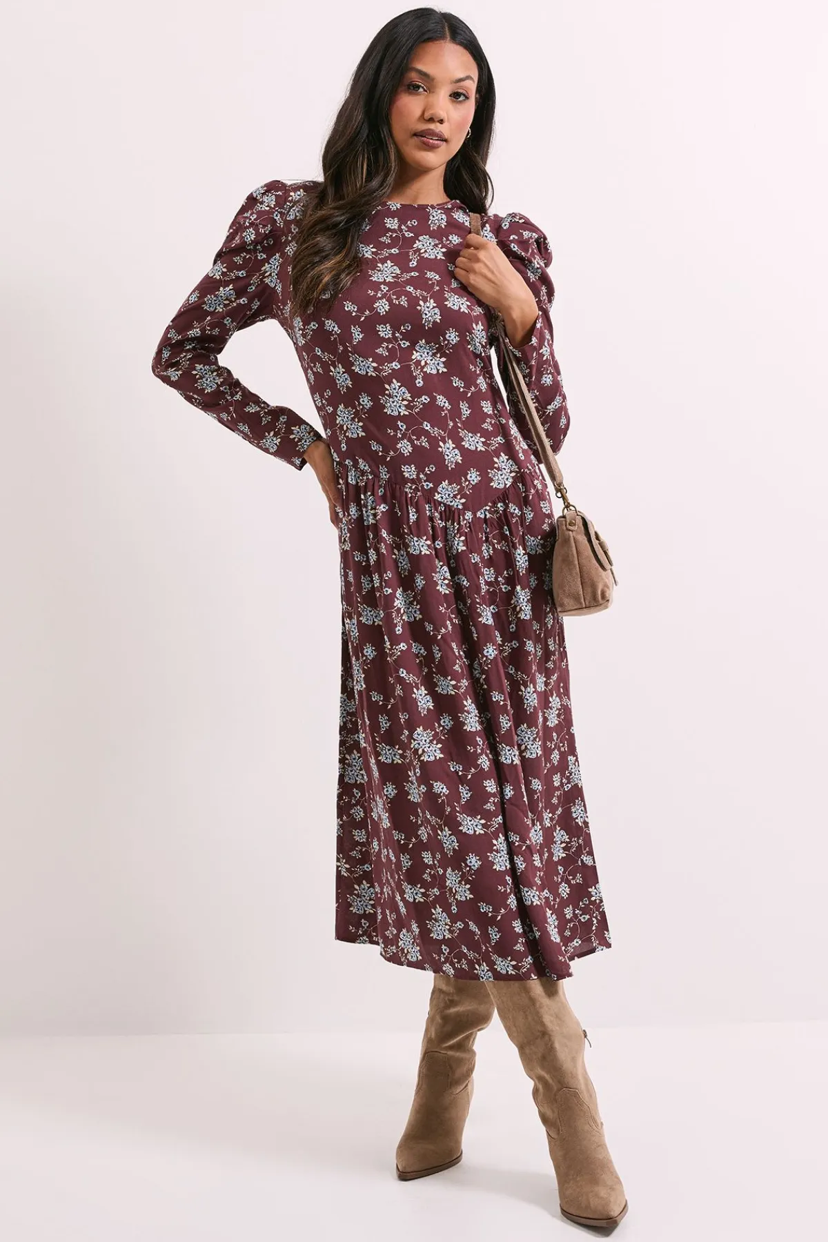 Dorothy Perkins Robe Mi-longue Évasée à Taille Basse Motif Floral<Femme Looks Chocolat|Robes Mi-Longues