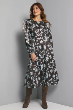 Robe Mi-longue à Volants en Jacquard Satiné Fleuri