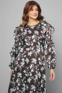 Robe Mi-longue à Volants en Jacquard Satiné Fleuri
