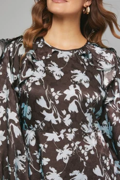 Robe Mi-longue à Volants en Jacquard Satiné Fleuri