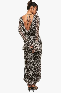 boohoo Robe mi-longue à volants et imprimé léopard<Femme Robes À Manches Longues|Robes