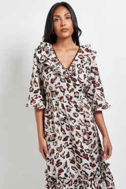 Robe Mi-Longue à Volants Imprimé Léopard Petite Taille