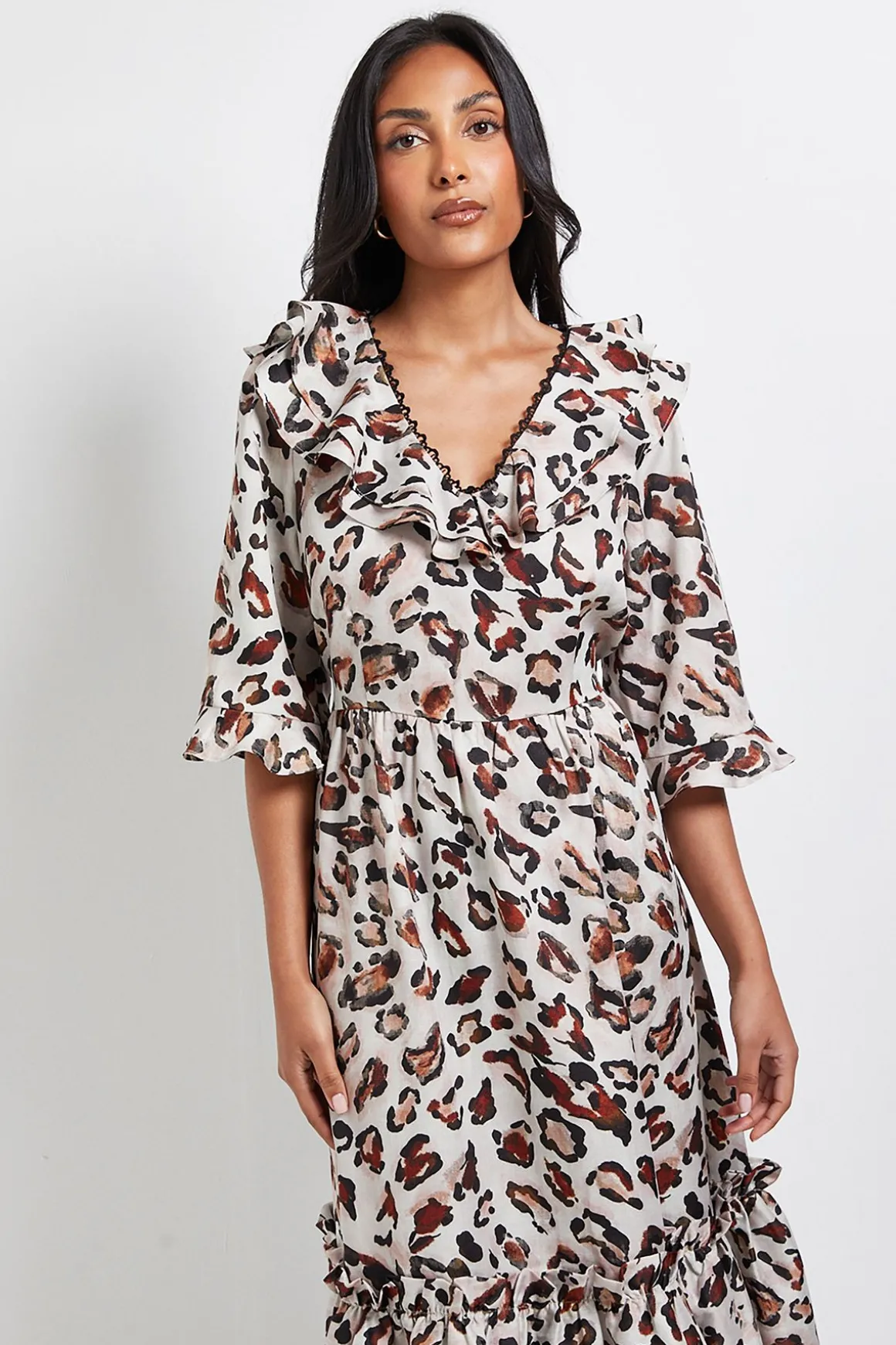 Robe Mi-Longue à Volants Imprimé Léopard Petite Taille