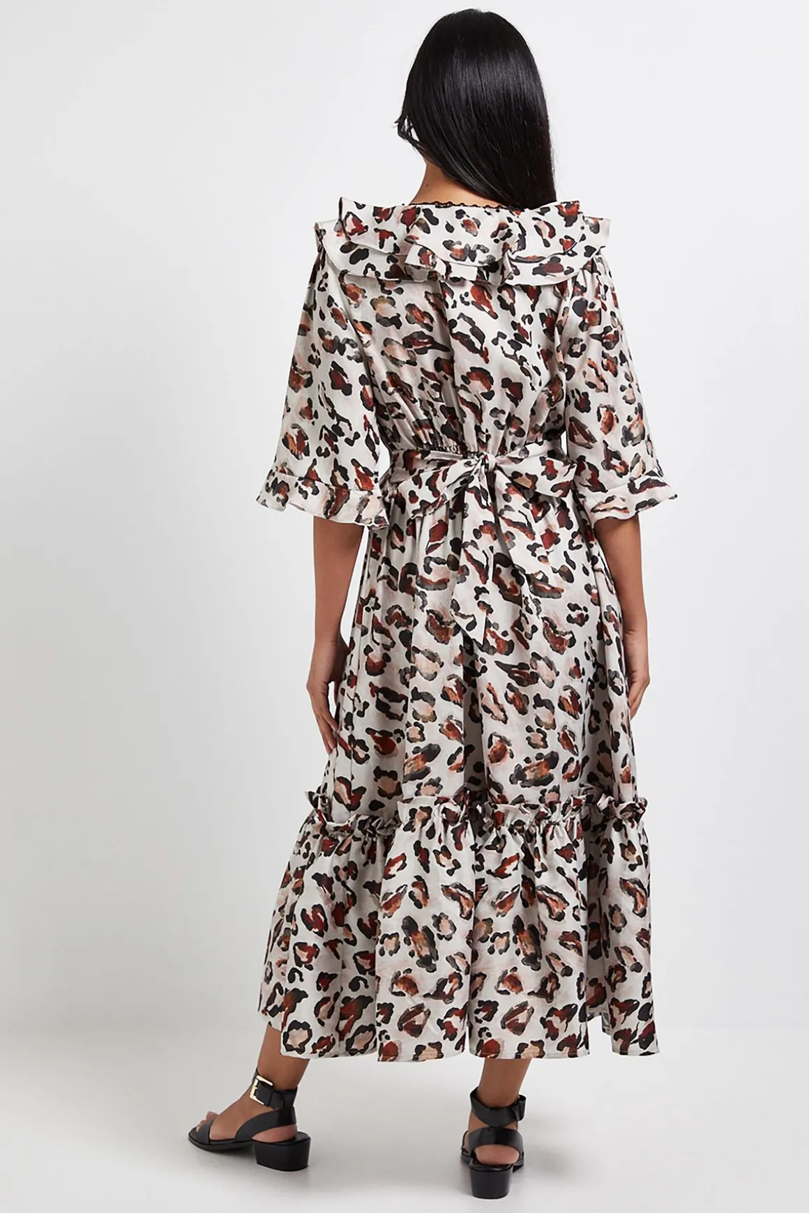 Robe Mi-Longue à Volants Imprimé Léopard Petite Taille