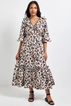 Robe Mi-Longue à Volants Imprimé Léopard Petite Taille