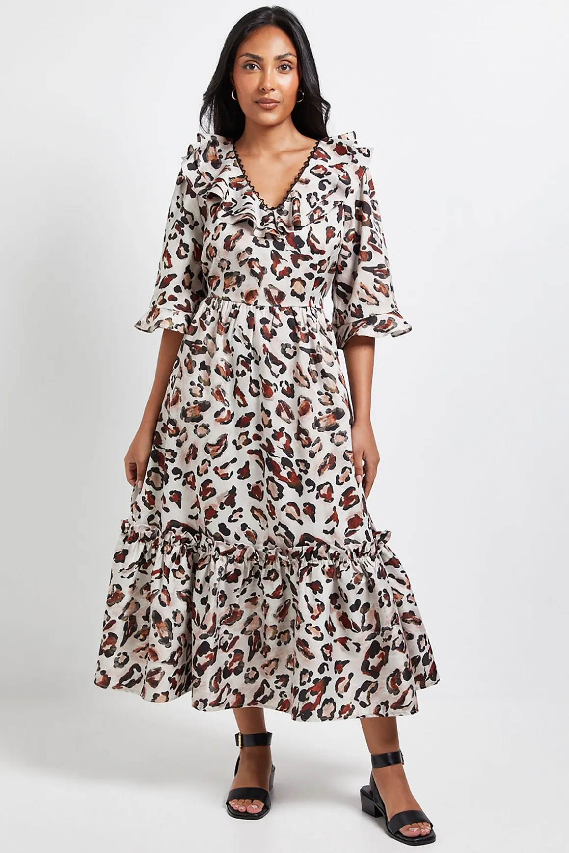 Robe Mi-Longue à Volants Imprimé Léopard Petite Taille