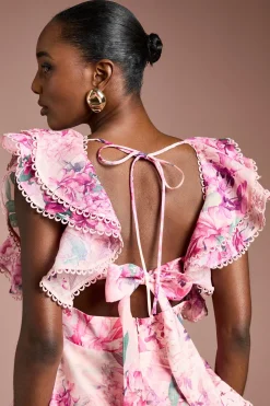 Robe Mi-Longue à Volants Imprimés avec Finitions en Dentelle