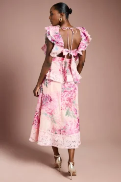 Robe Mi-Longue à Volants Imprimés avec Finitions en Dentelle