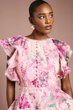 Robe Mi-Longue à Volants Imprimés avec Finitions en Dentelle