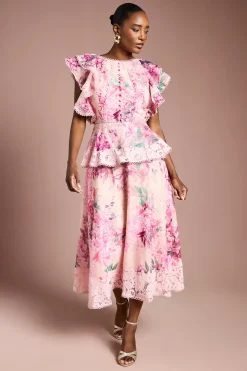 Robe Mi-Longue à Volants Imprimés avec Finitions en Dentelle