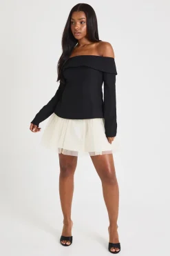 boohoo Robe mini ajustée Bardot en tulle<Femme Robes Patineuses|Robes À Manches Longues
