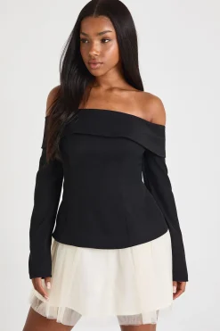 boohoo Robe mini ajustée Bardot en tulle<Femme Robes Patineuses|Robes À Manches Longues