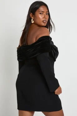 Robe Mini Ajustée Bardot En Velours Avec Col Replié Grande Taille