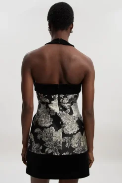 Robe Mini Ajustée à Col Halter en Velours et Jacquard Contrastés