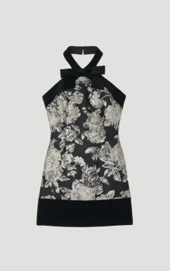Robe Mini Ajustée à Col Halter en Velours et Jacquard Contrastés