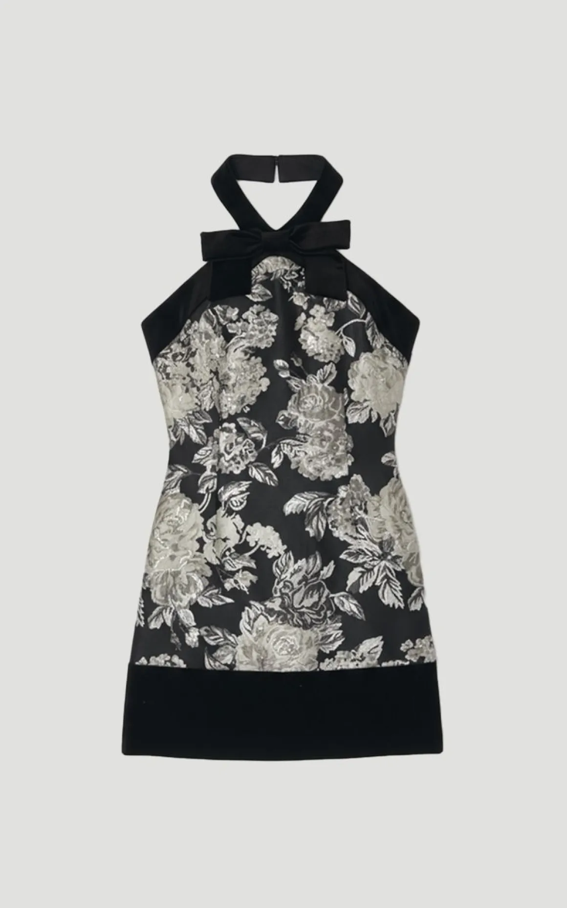 Robe Mini Ajustée à Col Halter en Velours et Jacquard Contrastés